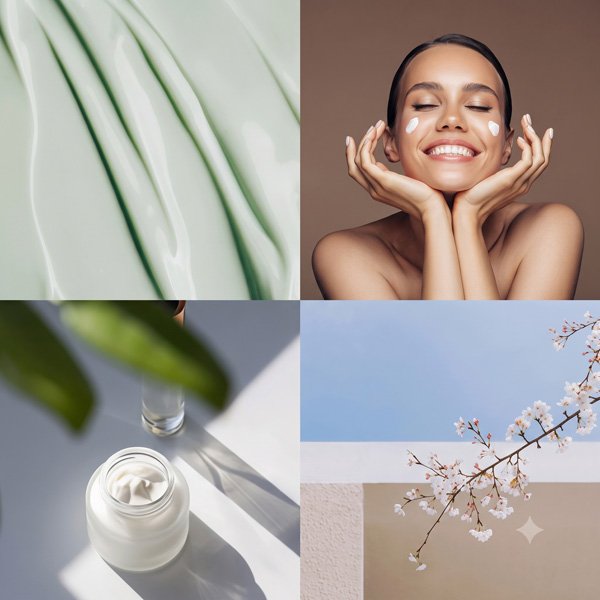 Composição com cuidados com a pele, mulher sorrindo, creme e planta em flor, representando a linha de ingredientes para cosméticos
