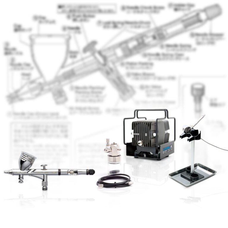 Aerógrafo Mr. Hobby com diagrama técnico de componentes