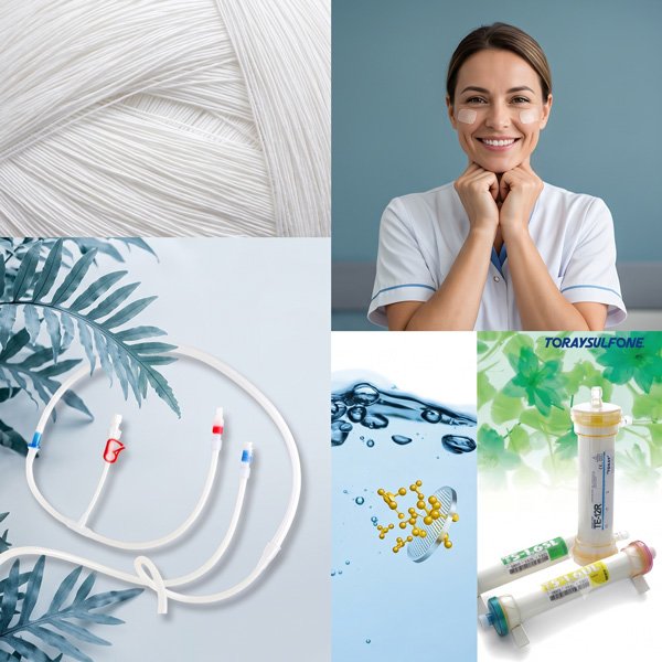 Composição com fibras médicas, profissional de saúde sorrindo, cateter e estrutura molecular, representando a linha de produtos médicos